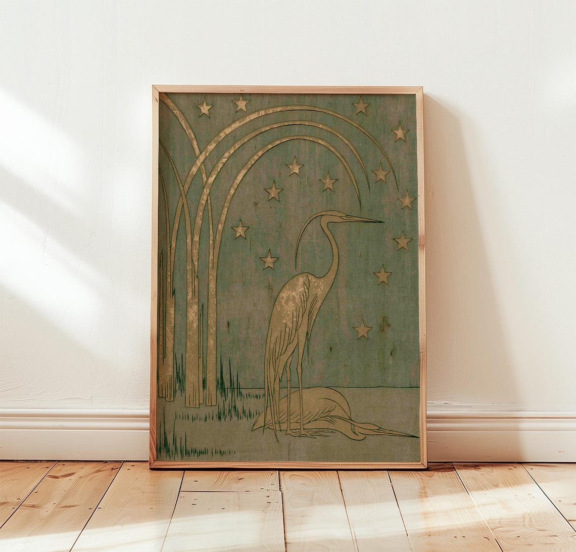 Sage Heron Print Gold Botanical Wall Art Woodblock Poster
