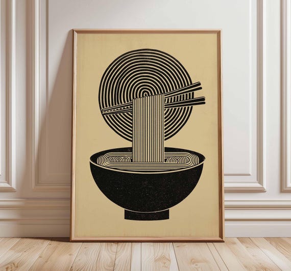 Minimalist Ramen Noodles Print Japanese Kitchen Wall Art Black Line Bowl Poster Modern Food Illustration Lover Gift