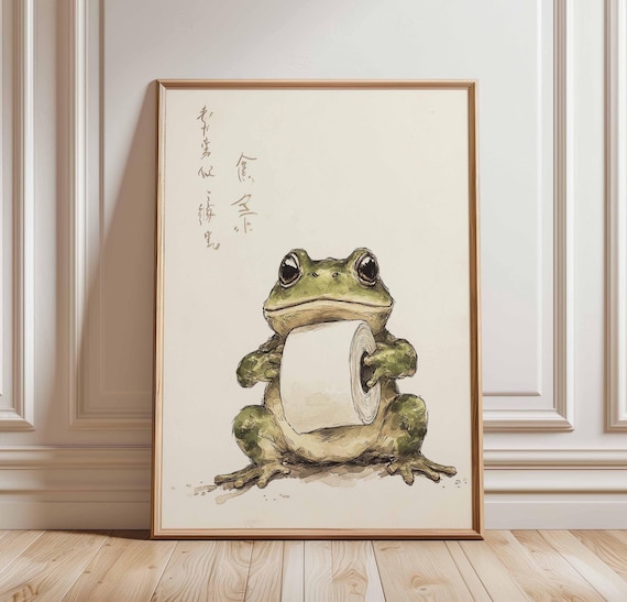 Frog Holding Toilet Paper Japanese Watercolor Funny Bathroom Poster