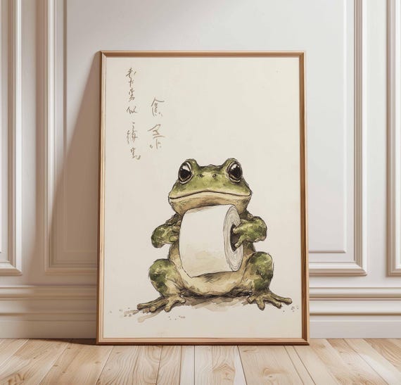 Frog Poster Cute Holding Toilet Paper Funny Animal Wall Art Quirky Home Decor Unique Bathroom Print