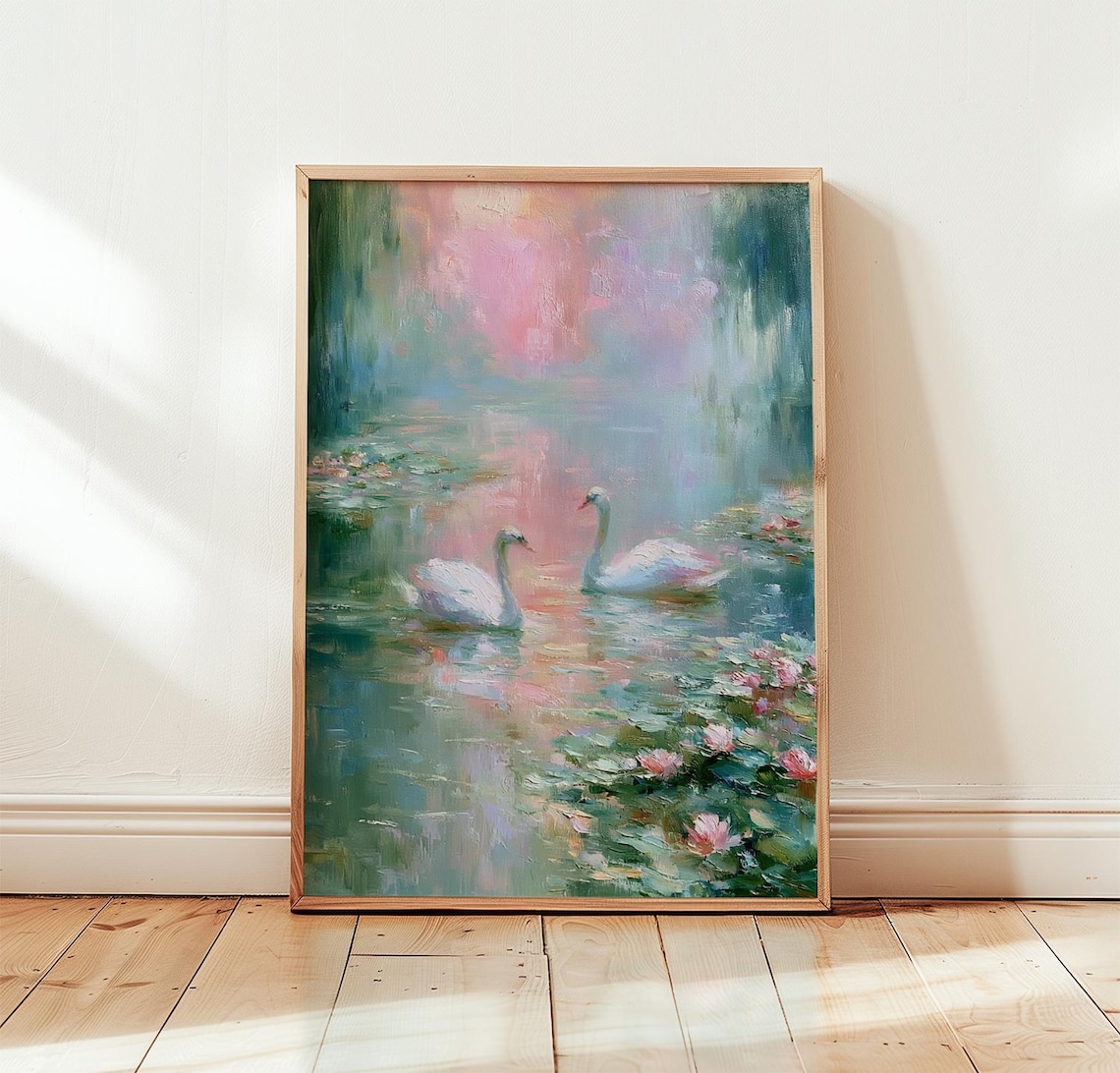 Impressionist Swan Pond Travel Poster, Pastel Landscape