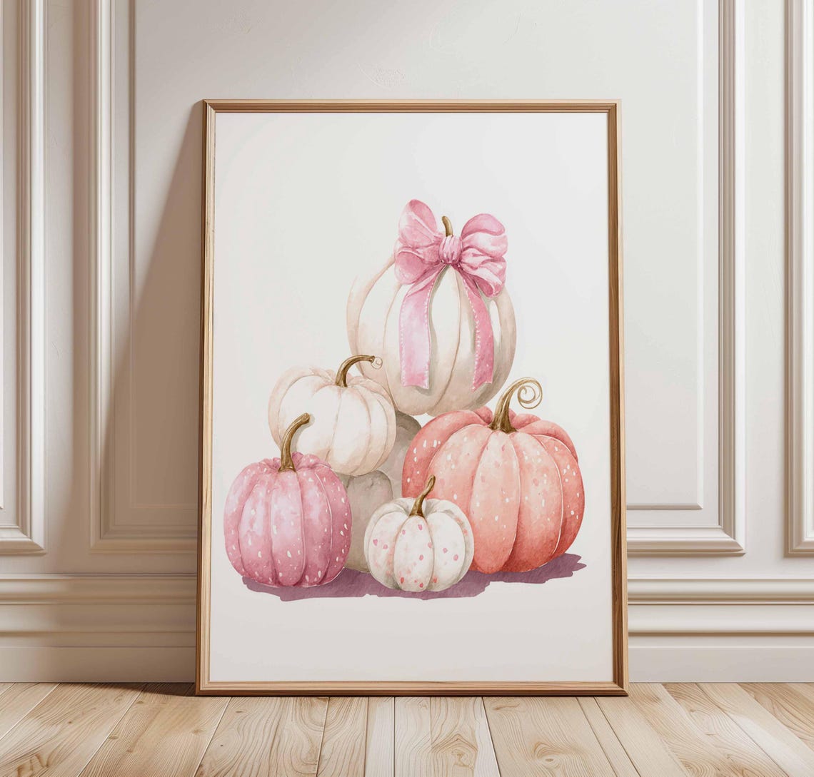 Blush Pink Pumpkin Wall Art Watercolor Fall Print Cute Autumn Poster With Bow Soft Pastel Harvest Decor For Nursery Or Kitchen