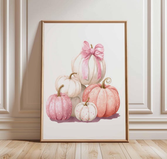 Blush Pink Pumpkin Wall Art Watercolor Fall Print Cute Autumn Poster With Bow Soft Pastel Harvest Decor For Nursery Or Kitchen