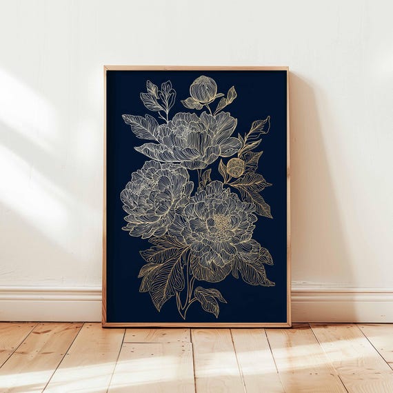 Gold Line Art Peony Print Midnight Blue Floral Wall Elegant Botanical Poster Minimalist Illustration
