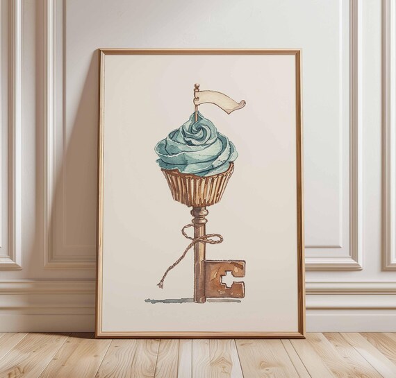 Cupcake Kitchen Wall Art Print Blue Frosting Dessert Illustration With Vintage Key Whimsical Bakery Poster Retro Cafe Decor