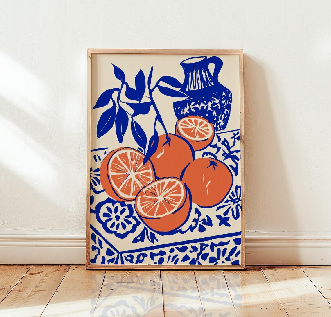 Blue Citrus Still Life Art Print, Mediterranean Kitchen