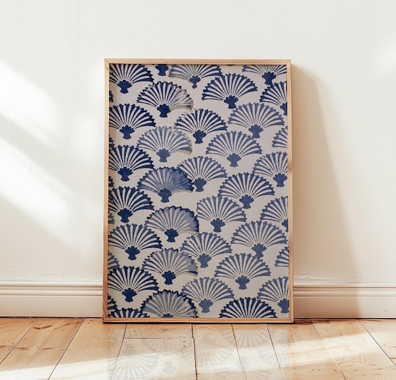 Navy Blue Scallop Fan Repeating Block Style Coastal Wall Art