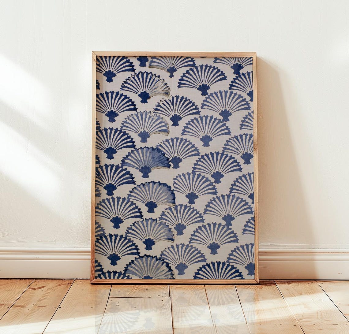 Navy Blue Scallop Fan Repeating Block Style Coastal Wall Art