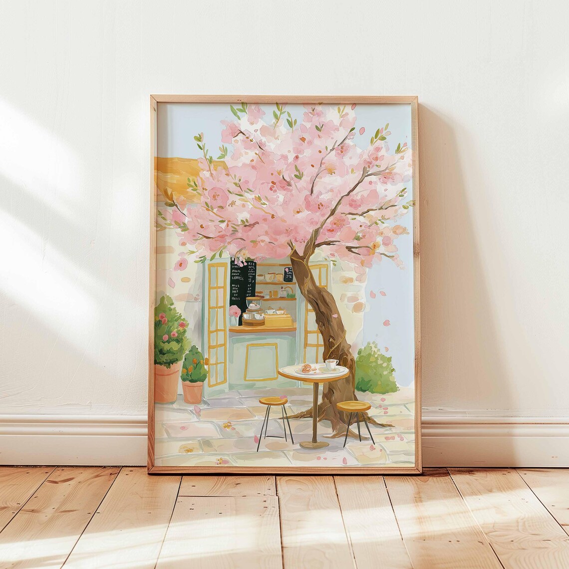 Cherry Blossom Café Poster, Pastel Spring Scene