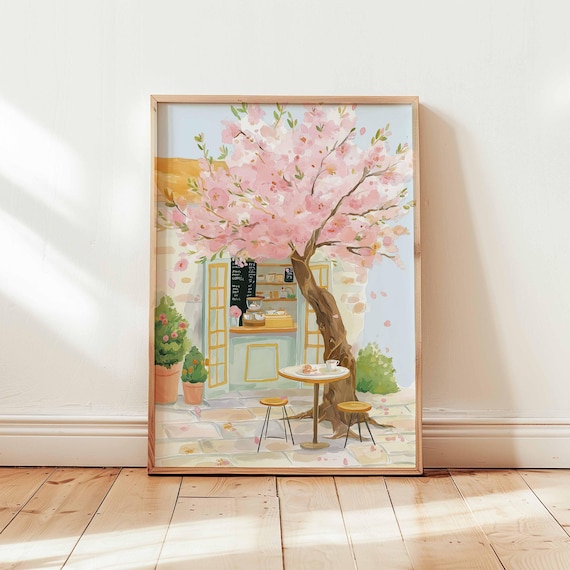 Cherry Blossom Café Poster, Pastel Spring Scene