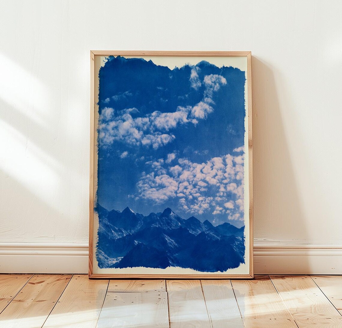 Cyanotype Mountain Print, Blue Sky Botanical Art