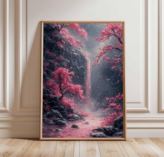 Pink Cherry Blossom Waterfall Poster Scenic Nature Art Serene With Blooming Trees Tranquil Japanese Print