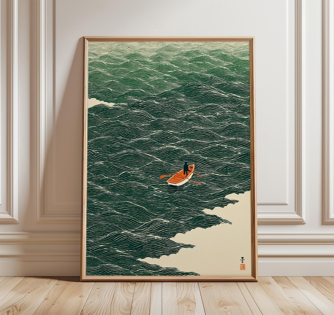 Japanese Wave Art Boat At Sea, Minimalist Poster
