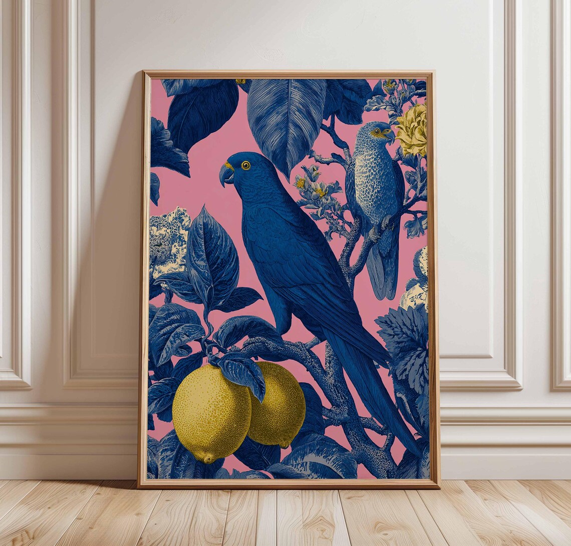 Blue Parrot Lemon Vintage Botanical Illustration