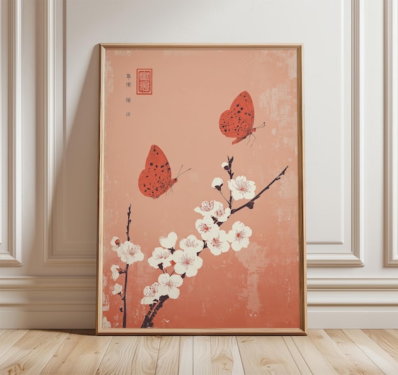 Butterfly Wall Art Peach Floral Japanese Print Minimal Botanical Illustration