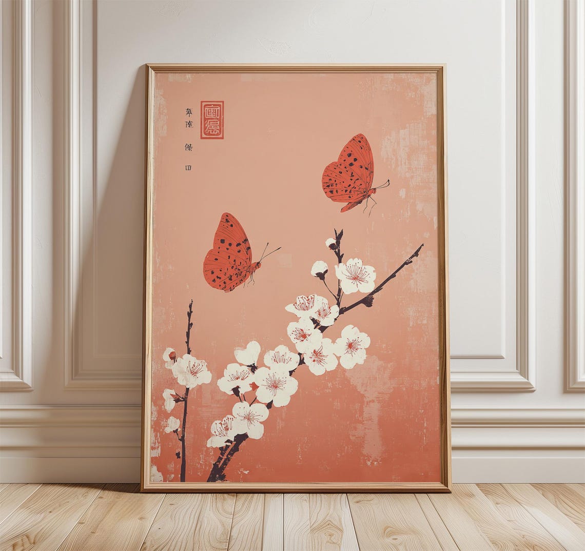 Orange Butterflies Plum Blossom Japanese Minimal Floral Art Poster
