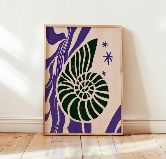 Green Ammonite Shell Spiral Purple Wave Abstract Coastal Wall Art