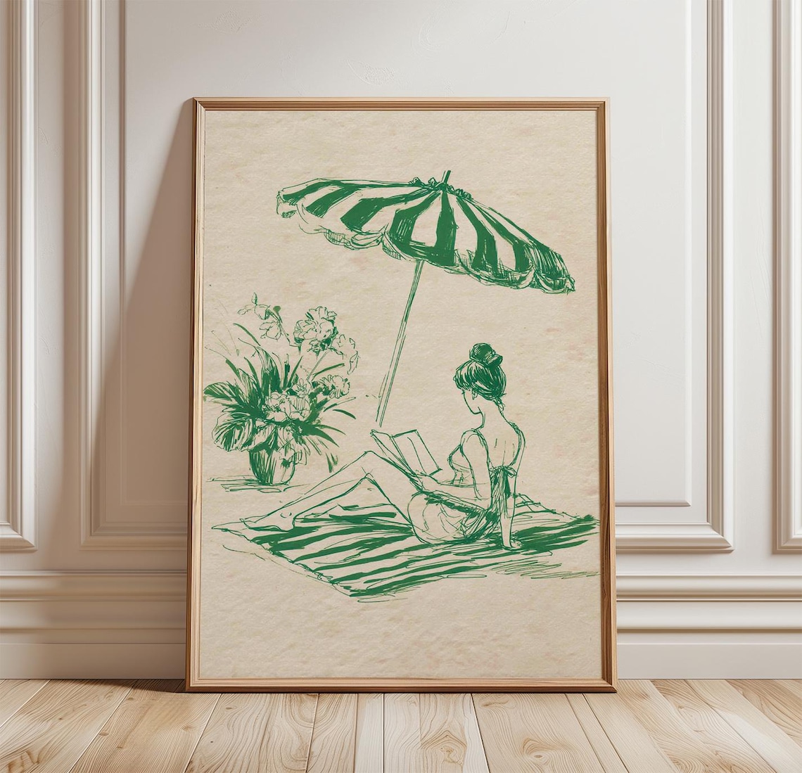 Beach Reading Minimal Line Art Woman Art Print