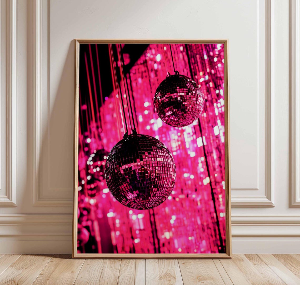 Pink Disco Ball Neon Poster Retro 70s Party Mirror Ball Club Decor