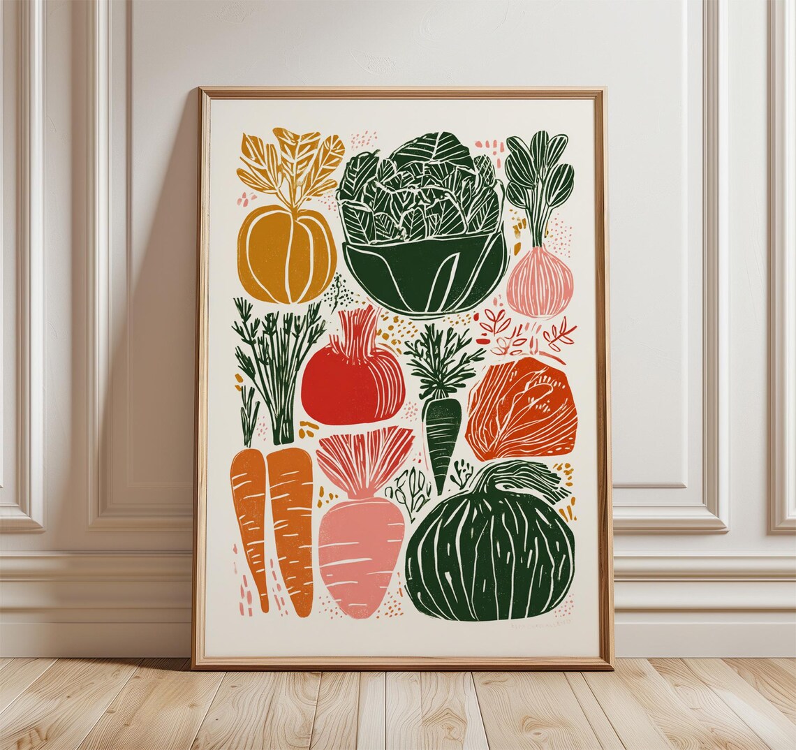 Vegetable Kitchen Wall Art, Retro Farmers Market