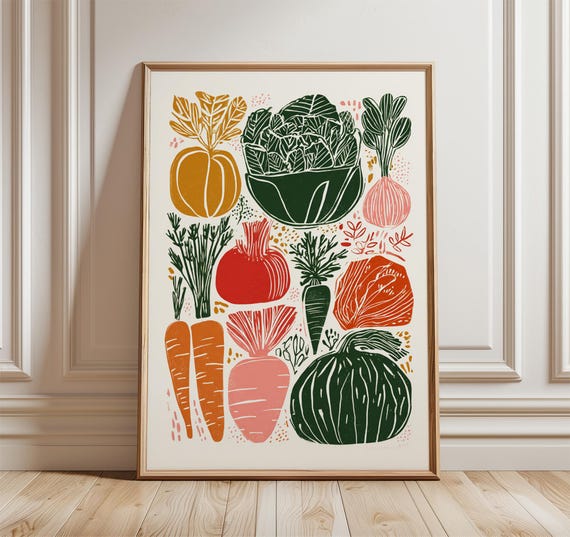 Vegetable Kitchen Wall Art, Retro Farmers Market