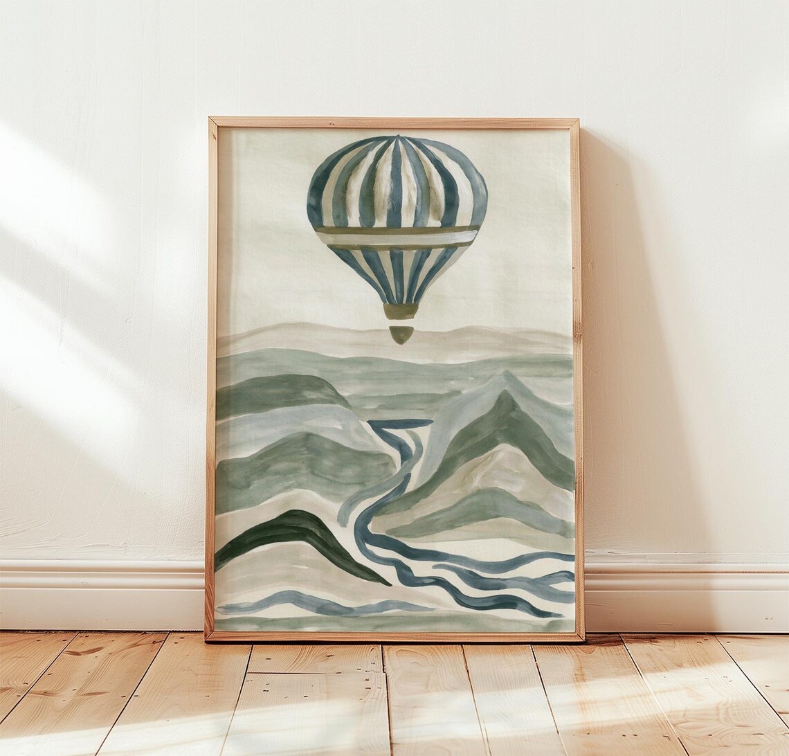 Blue Hot Air Balloon, Neutral Landscape Poster