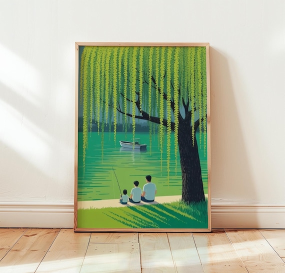 Willow Tree Lakeside Family Fishing Peaceful Scenic Nature Lake Poster