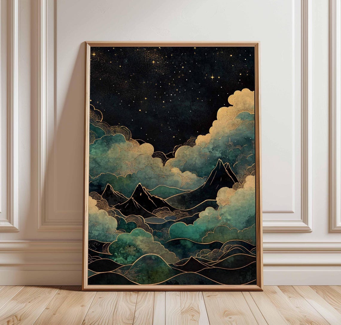 Starry Night Mountain Cloudscape Gold and Teal Abstract Wall Art