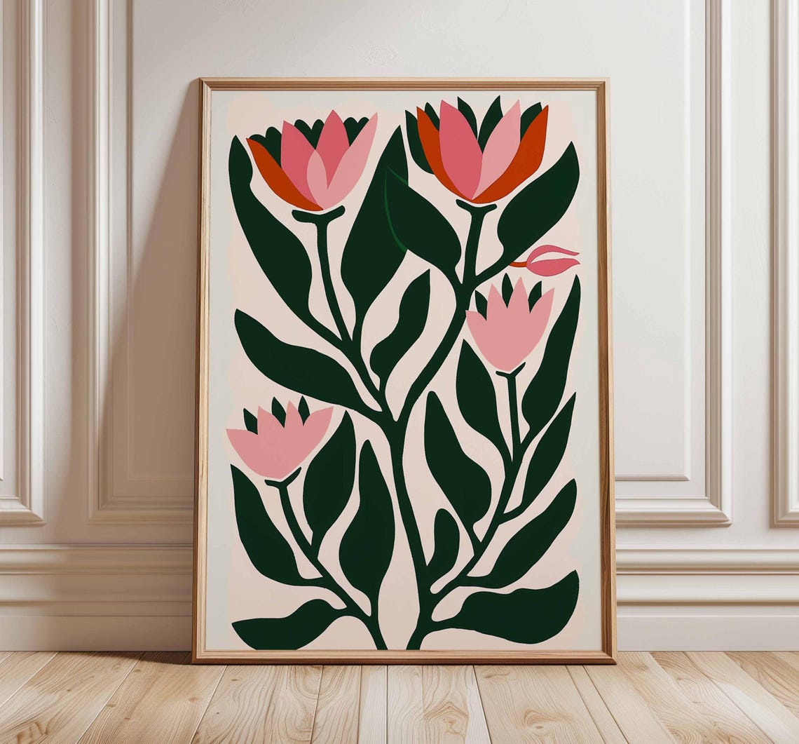 Pink Tulip Scandinavian Folk Botanical Floral Poster For Home