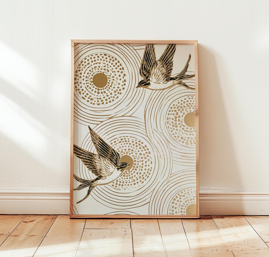 Neutral Swallow Art Print, Gold Bird Poster