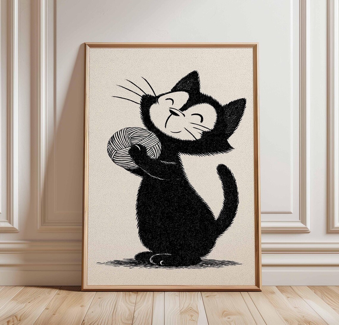 Black Cat Hugging Yarn Ball Cute Vintage Animal Illustration Poster