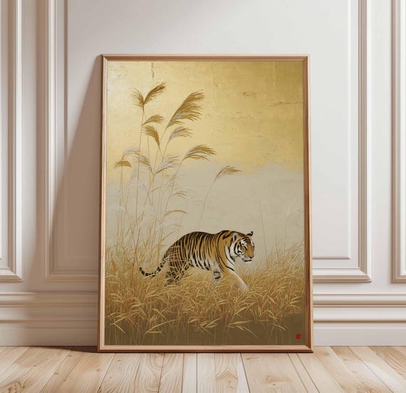 Tiger Wall Art Japanese Gold Foil Poster Bengal In Grass Print Elegant Animal Decor Minimalist Jungle Zen Wildlife Artwork