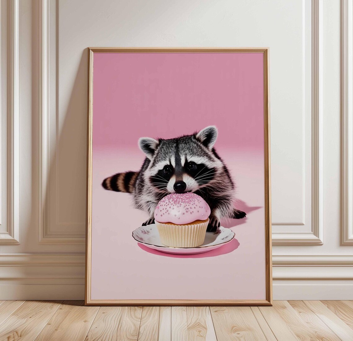 Cute Raccoon Eating Pink Cupcake Funny Animal Nursery Wall Poster