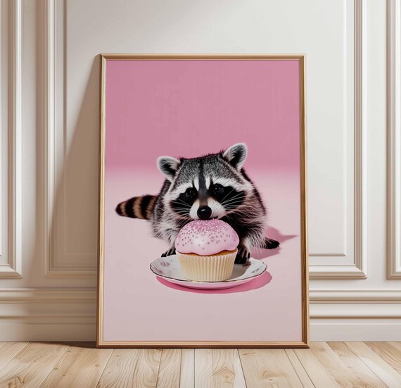 Cute Raccoon Eating Pink Cupcake Funny Animal Nursery Wall Poster