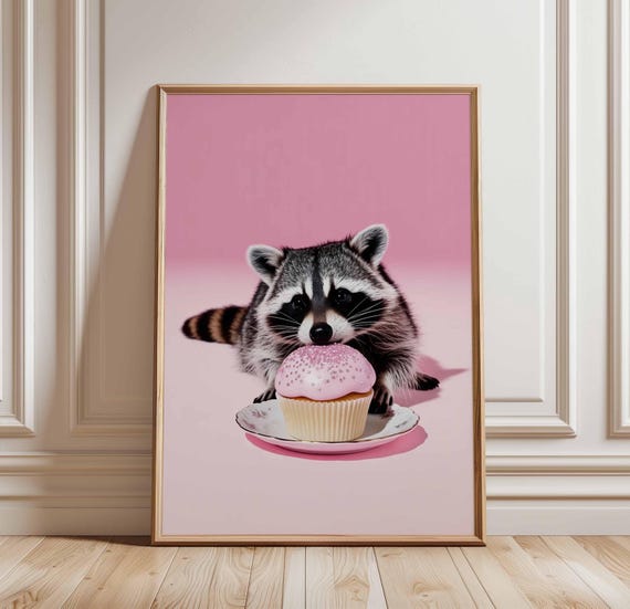 Raccoon Cupcake Poster Cute Animal Wall Art Print Pink Dessert Nursery Decor Funny Pet Illustration Whimsical Pastel