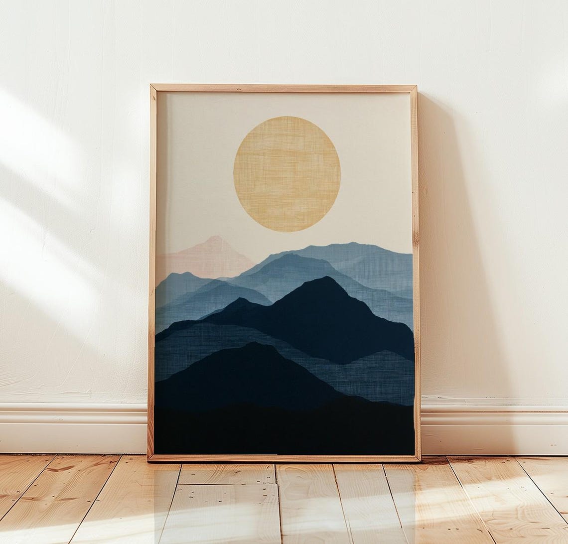 Japanese Sunrise Layered Blue Mountains Gold Sun Minimalist Poster