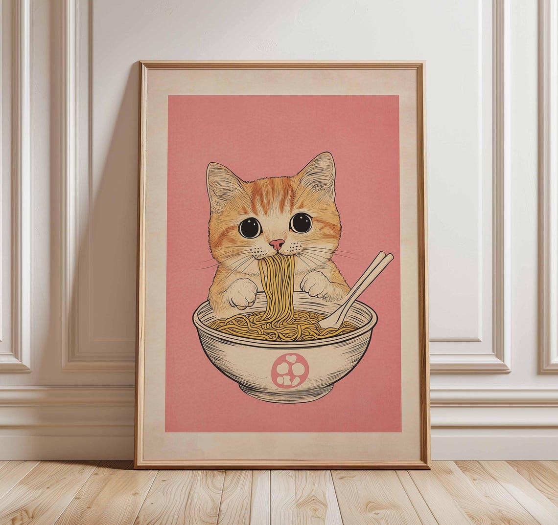 Orange Kitten Eating Ramen Bowl Kawaii Pink Style Kitchen Wall Art