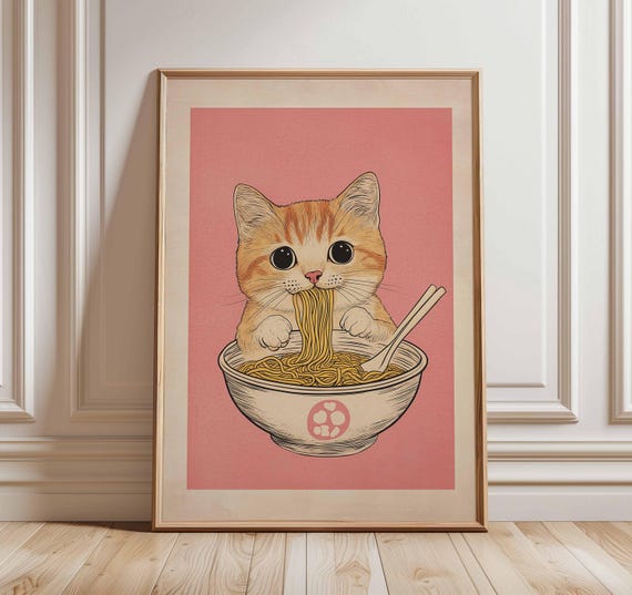 Cute Japanese Cat Ramen Poster Print Kawaii Noodle Bowl Wall Art Anime Style Food Illustration Fun Kitchen Decor