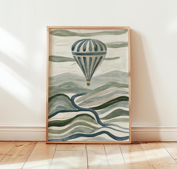 Blue Hot Air Balloon Neutral Landscape Soft Watercolor Art Poster