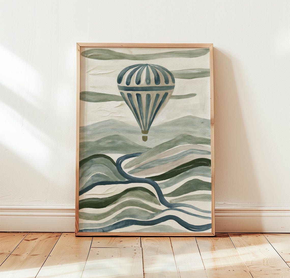 Blue Hot Air Balloon Neutral Landscape Soft Watercolor Art Poster