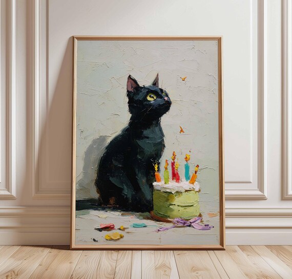 Black Cat With Birthday Cake and Candles Whimsical Painting Poster