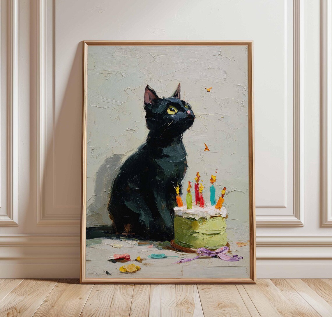 Black Cat With Birthday Cake and Candles Whimsical Painting Poster