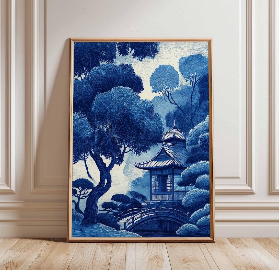 Blue Japanese Pagoda Bridge Garden Woodblock Style Landscape Print