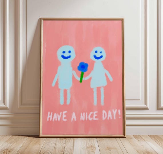 Cute Minimalist Smiley Face Poster Pink And Blue Positive Quote Wall Art Whimsical Friendship Print Playful Happy Home Decor