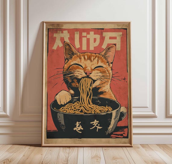Cat Eating Noodles Poster Cute Kitten With Ramen Japaneseinspired Art Fun Animal Illustration Retro Noodle Shop