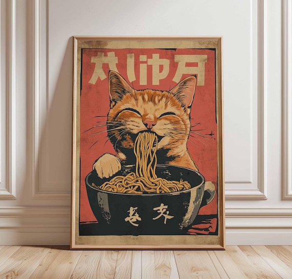 Funny Cat Eating Ramen Noodles Retro Japanese Style Wall Art