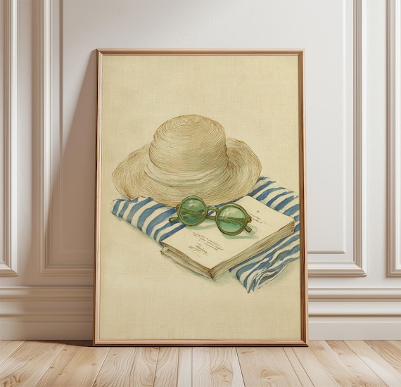 Sun Hat Coastal Still Life Poster, Beach Illustration