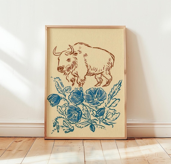 Brown Yak Line Sketch With Blue Wildflowers Vintage Style Poster