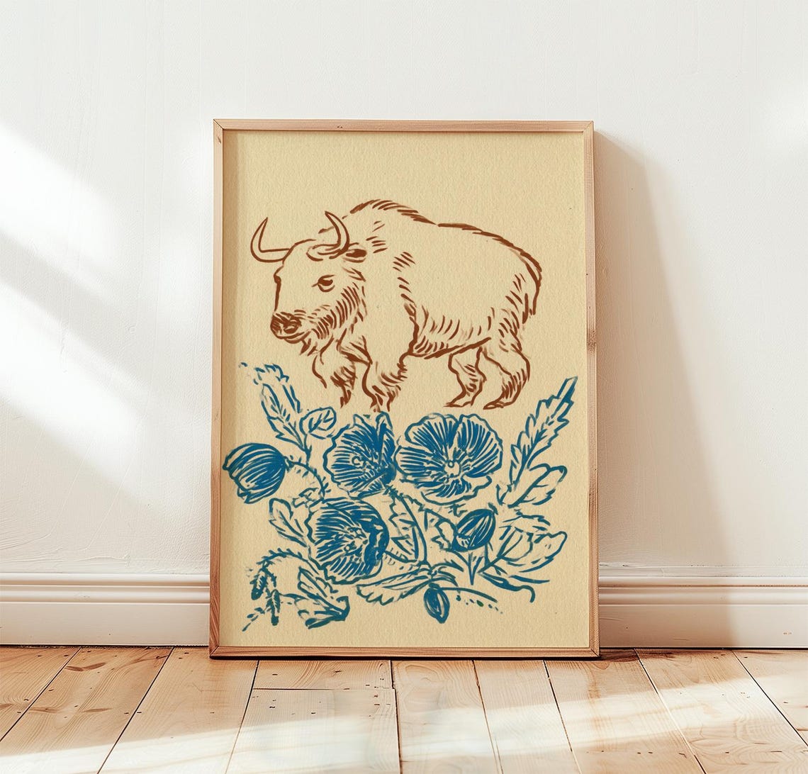 Brown Yak Line Sketch With Blue Wildflowers Vintage Style Poster