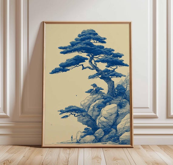 Japanese Tree Wall Art Print Blue Pine Ink Illustration Traditional Nature Poster Zen Landscape Minimalist Asian Decor Gift